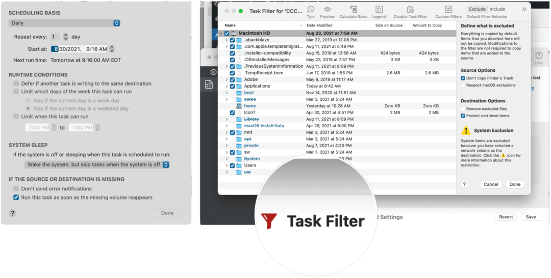 Filtro de tareas y horarios