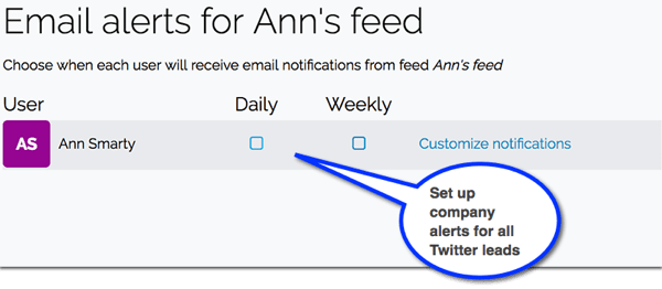 En Leadfeeder, configure notificaciones por correo electrónico para nuevos clientes potenciales provenientes de Twitter.