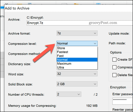 Opciones de compresión de archivos para un archivo comprimido 7zip en Windows 10