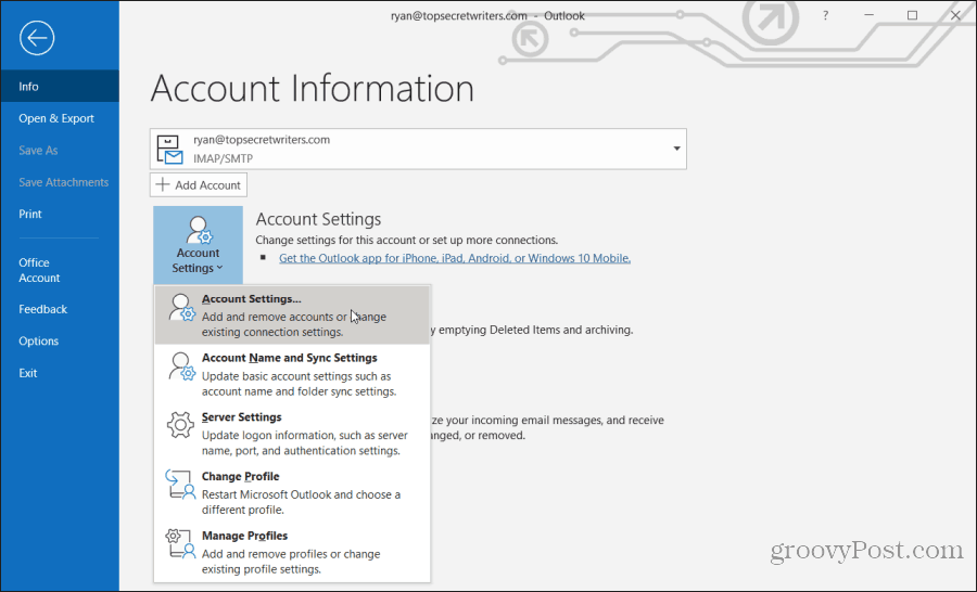 elegir la configuración de la cuenta en Outlook