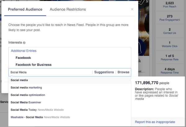 optimización de la audiencia de facebook intereses de la audiencia preferida