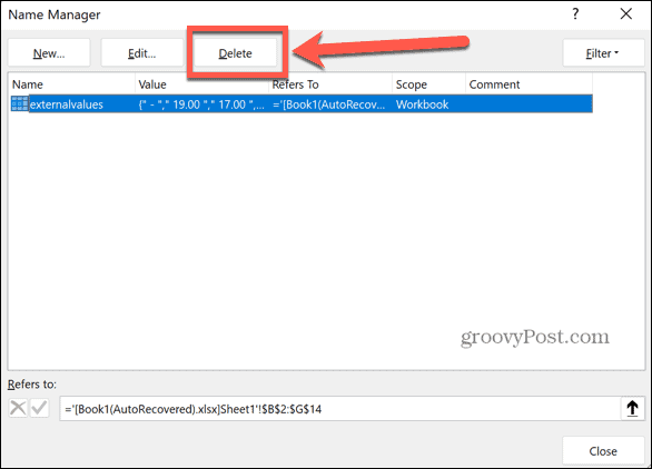 excel eliminar rango con nombre