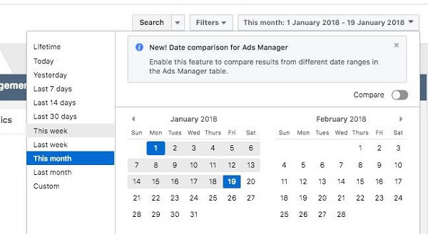 Facebook implementó dos nuevas funciones de informes en el Administrador de anuncios, Comparación de fechas e Informes creativos.