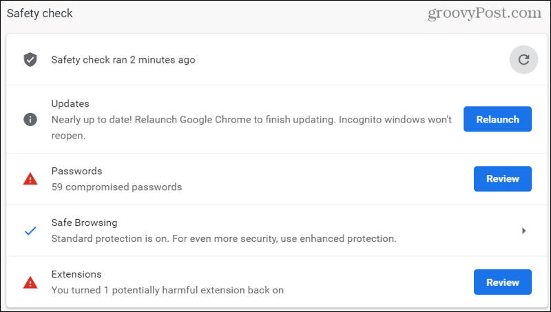 Resultados de la comprobación de seguridad de Chrome