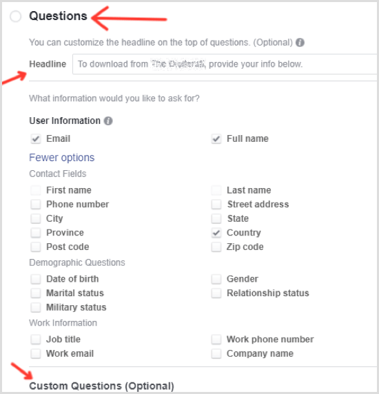 Preguntas de selección de anuncios de clientes potenciales de Facebook