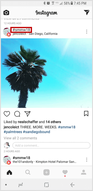 Hashtag de Instagram en el feed