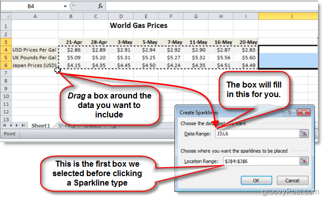 seleccione el rango de datos para su excel 2010 sparkline