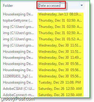 Captura de pantalla de Windows 7: fecha de uso accedida en la búsqueda.