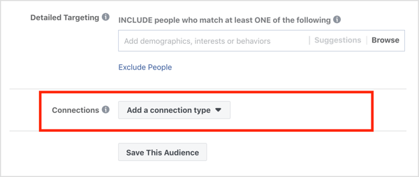Sección de conexiones en la sección Audiencias de la campaña publicitaria de Facebook.
