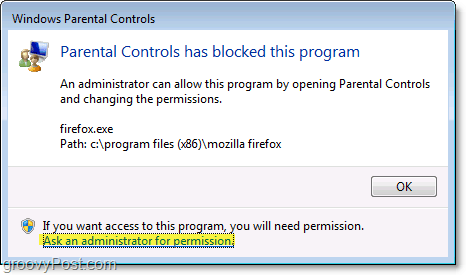 aparecerá una ventana emergente en Windows 7 cuando una política de control parental lo esté bloqueando