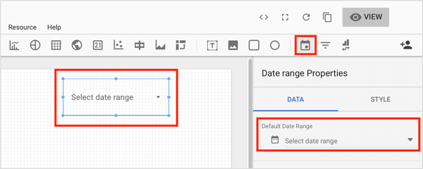 Haga clic en la herramienta Intervalo de fechas en la barra de herramientas y dibuje un cuadro en el área del gráfico donde desea agregar el control.
