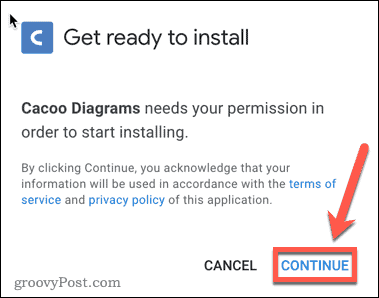 Confirmación de la instalación del complemento Cacoo de Google Docs
