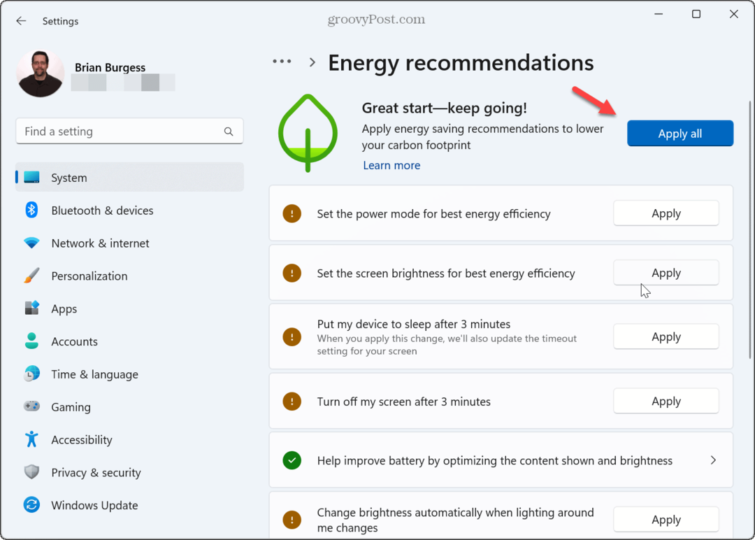 Cómo aplicar recomendaciones de energía en Windows 11