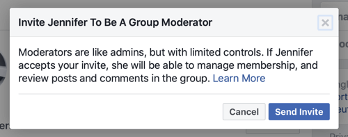 Cómo mejorar la comunidad de su grupo de Facebook, ejemplo del mensaje de Facebook cuando un miembro es seleccionado para ser moderador de grupo