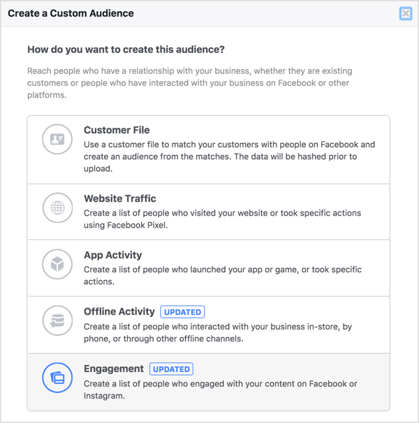 Seleccione Compromiso para crear una audiencia personalizada de Facebook.