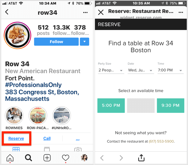 Haga clic en el botón de acción Reservar en el perfil comercial de Instagram de este restaurante para hacer una reserva. 