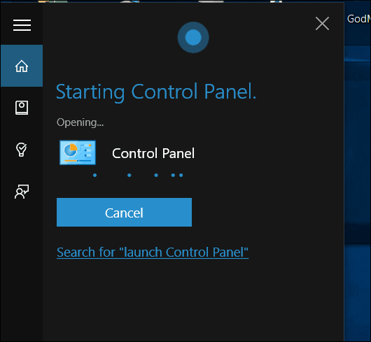 Panel de control de Windows 10 Cortana Open