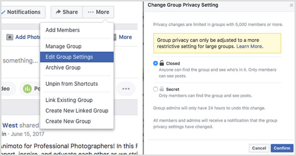 Configuración de privacidad de cambio de grupo de Facebook
