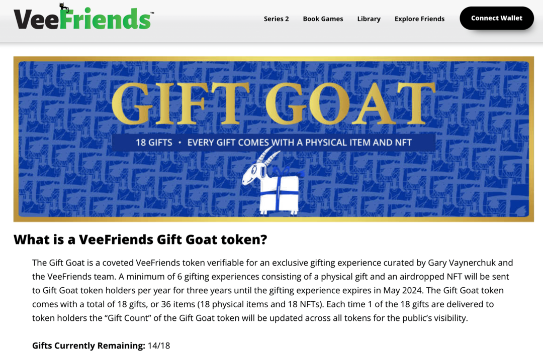 imagen de los beneficios del token VeeFriends Gift Goat en el sitio web de VeeFriends
