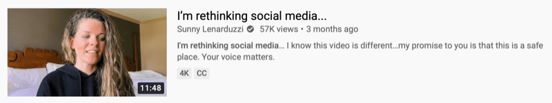 ejemplo de video de youtube por @sunnylenarduzzi de 'estoy reconsiderando las redes sociales ...'