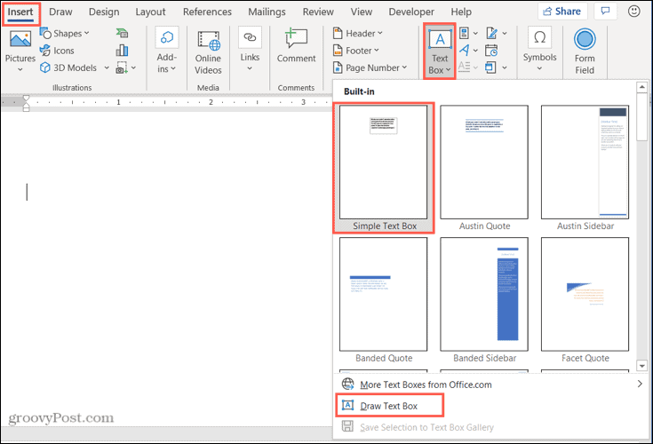 Insertar un cuadro de texto en Word en Windows