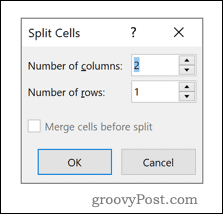 Menú de opciones Word Split Cells
