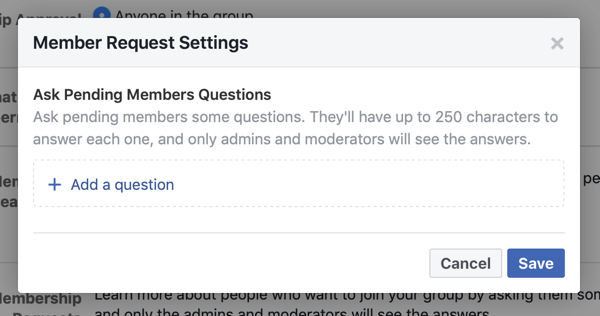 Cómo mejorar su comunidad de grupo de Facebook, ejemplo de configuración de solicitud de miembros de grupo de Facebook que permite preguntas de nuevos miembros