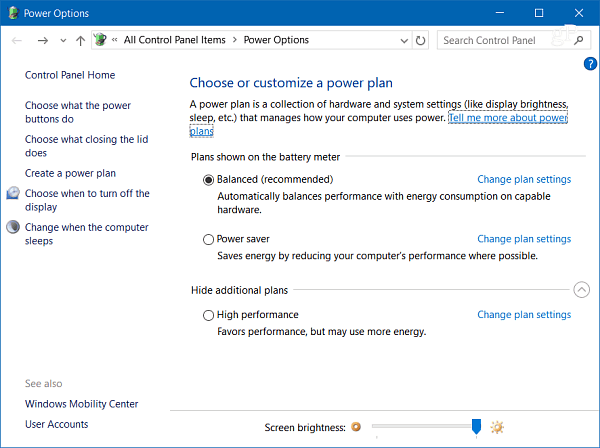 Opciones de energía de Windows 10