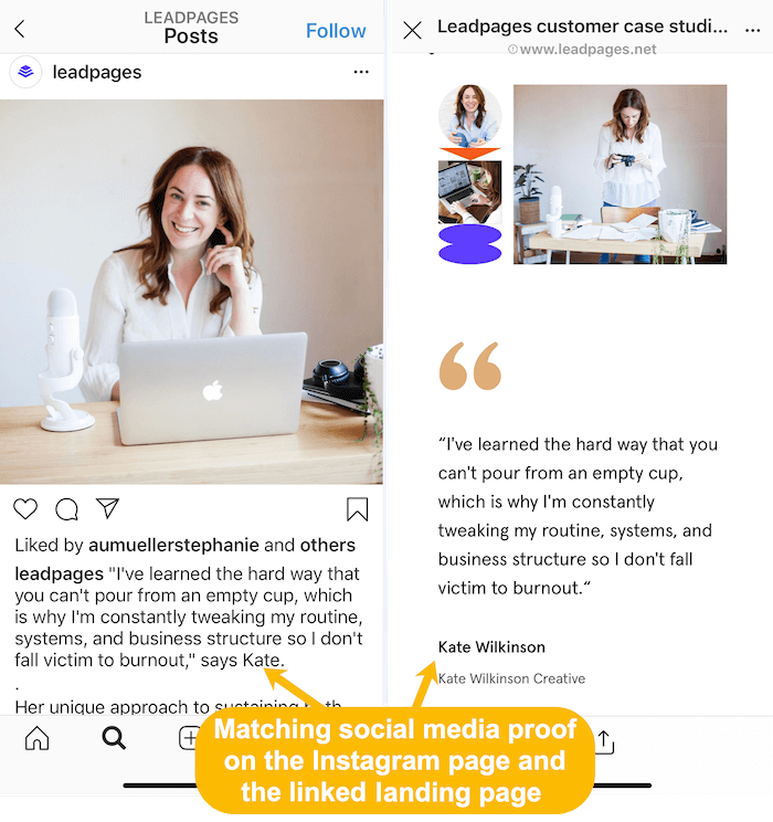 hacer coincidir historias de clientes en el feed de Instagram y la página de destino vinculada