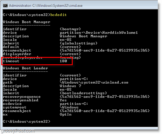 Captura de pantalla de Windows 7: comprobación de la configuración de bcdedit