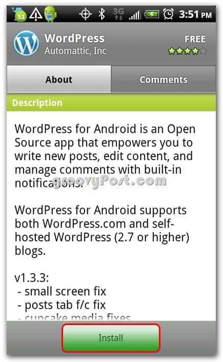 Wordpress en la pantalla de instalación de Android