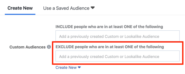 Orientación de anuncios de Facebook excluyendo audiencias personalizadas.
