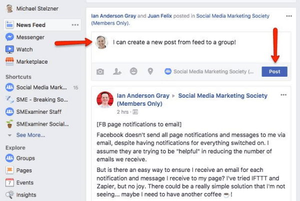 Facebook ahora permite a los usuarios publicar directamente en Grupos desde News Feed.