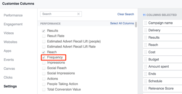 administrador de anuncios de facebook personalizar columnas para agregar frecuencia