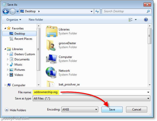 Captura de pantalla de Windows 7: guardar como addownership.reg