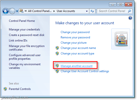 haga clic en administrar otra cuenta desde su página de cuenta de usuario de Windows 7