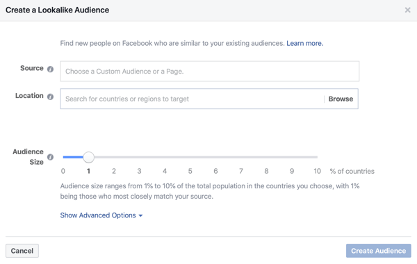 Opción para crear una audiencia similar al 1% para sus anuncios de Facebook.