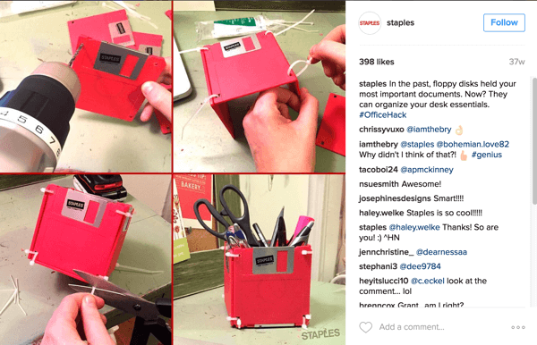 Este collage de fotos de Instagram de Staples muestra una forma inteligente de convertir los disquetes en un accesorio de escritorio.