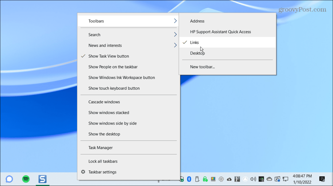 Los enlaces de las barras de herramientas centran la barra de tareas de Windows 10