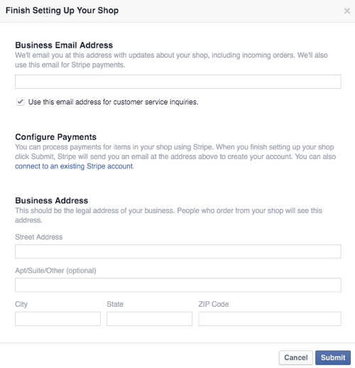configurar el negocio de la tienda de facebook y los detalles de pago