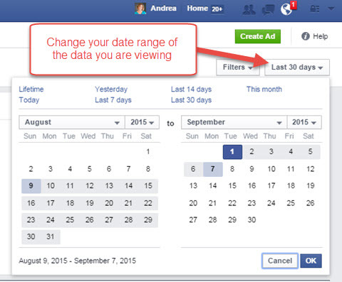 intervalo de fechas del informe del administrador de anuncios de facebook