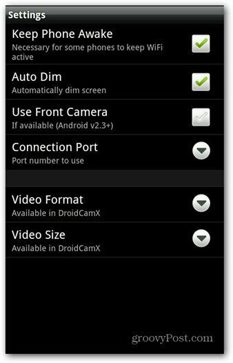 Configuración de la aplicación de Android DroidCam