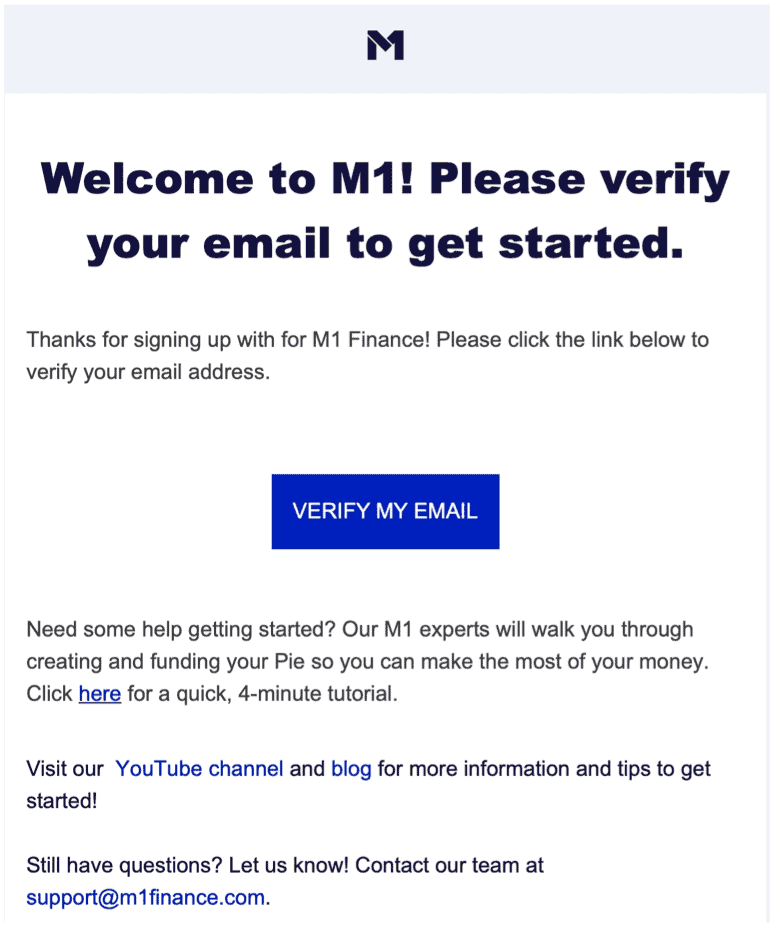 M1 Finance verificar correo electrónico