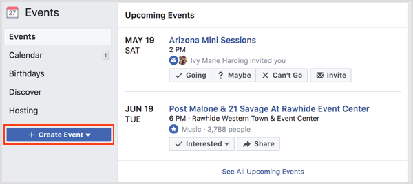 Botón Crear evento en la página Eventos de Facebook