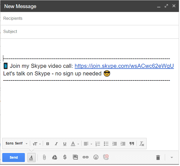 Haga clic en el icono de Skype en la parte inferior de su correo electrónico para agregar un enlace de llamada.