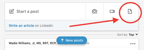 Publicación para compartir documentos de LinkedIn, subir documento a la publicación orgánica paso 1, agregar nuevo icono de documento