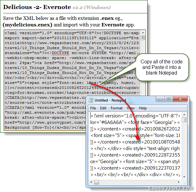 copia delicioso 2 evernote convertido xml en el bloc de notas