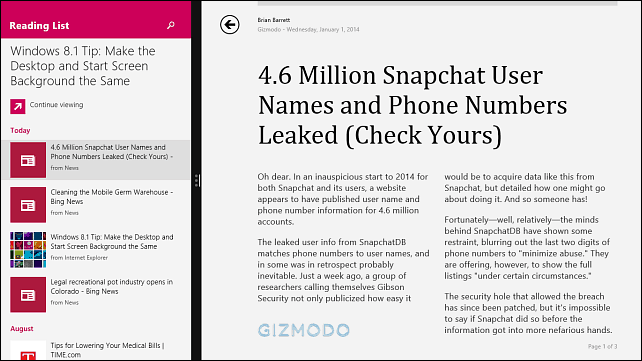 La aplicación de lista de lectura de Windows 8.1 recopila artículos para leer más tarde