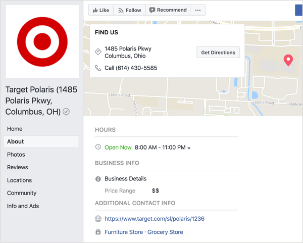 En la sección Acerca de de su página de ubicación de Facebook, agregue detalles sobre su tienda.