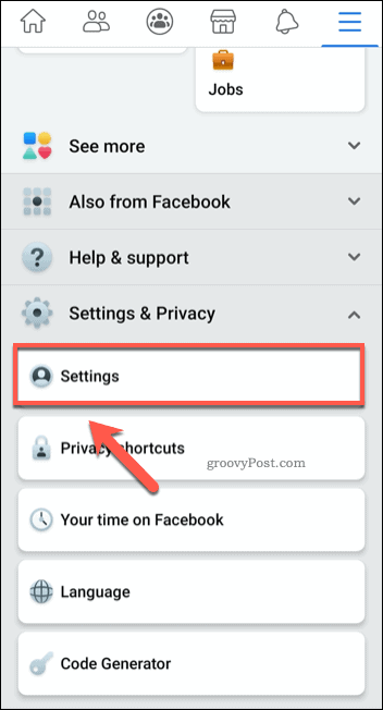 Opción de configuración del menú móvil de Facebook